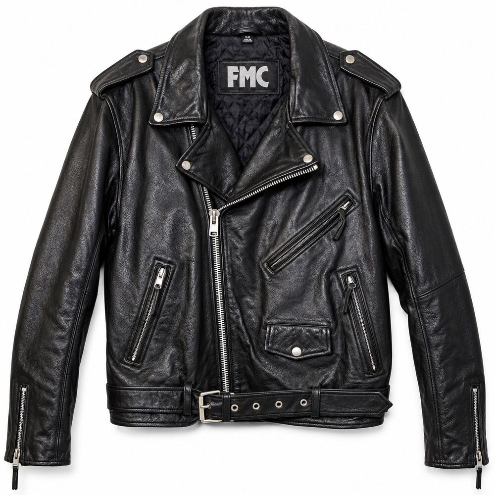 FMC Jacket Men 50 Black Leather Motorcycle Belted Quilted Lined Zip Pockets NWOT